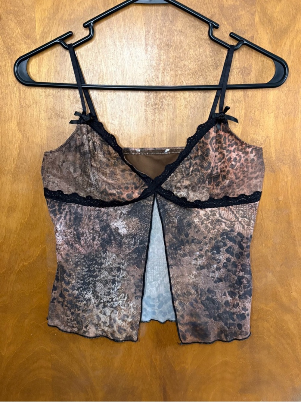 Y2K Sheer Mesh Leopard Print Flyaway Babydoll Cami Top Black Lace Trim Mcbling